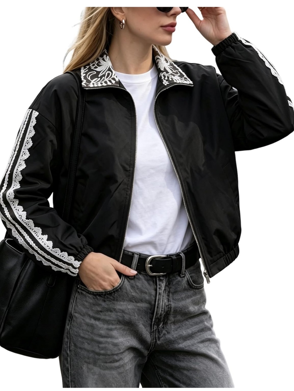 Black Lace-Trim Bomber Jacket